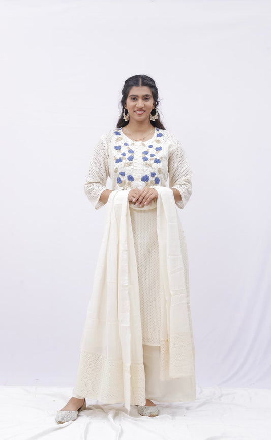 Ivory Embroidered Kurta Set with Palazzo and Dupatta