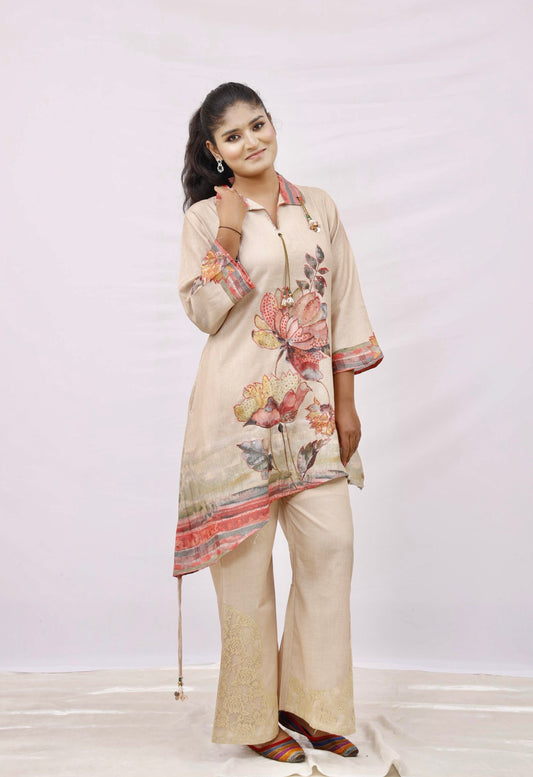 Cream short kurta with pant