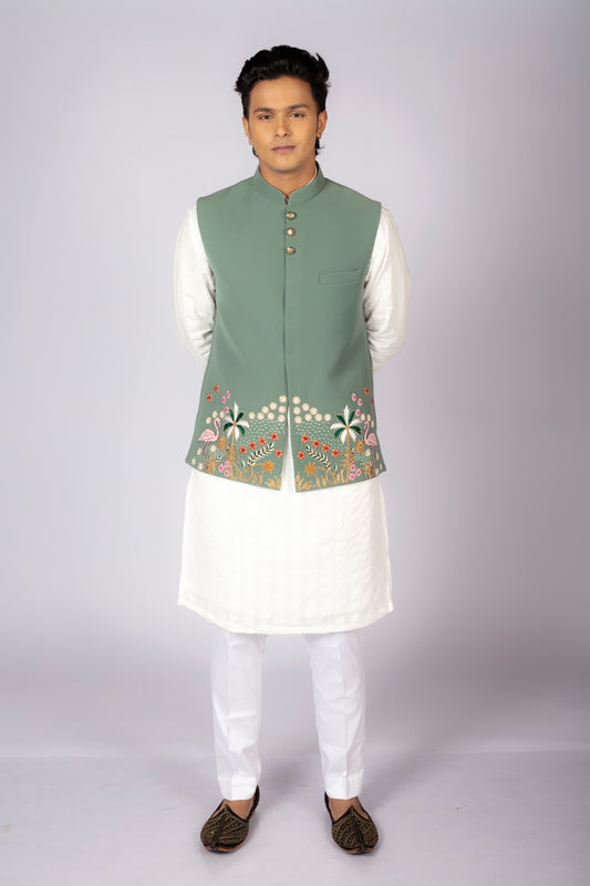 Men's Sage Green Embroidered Nehru Jacket with White Kurta Set