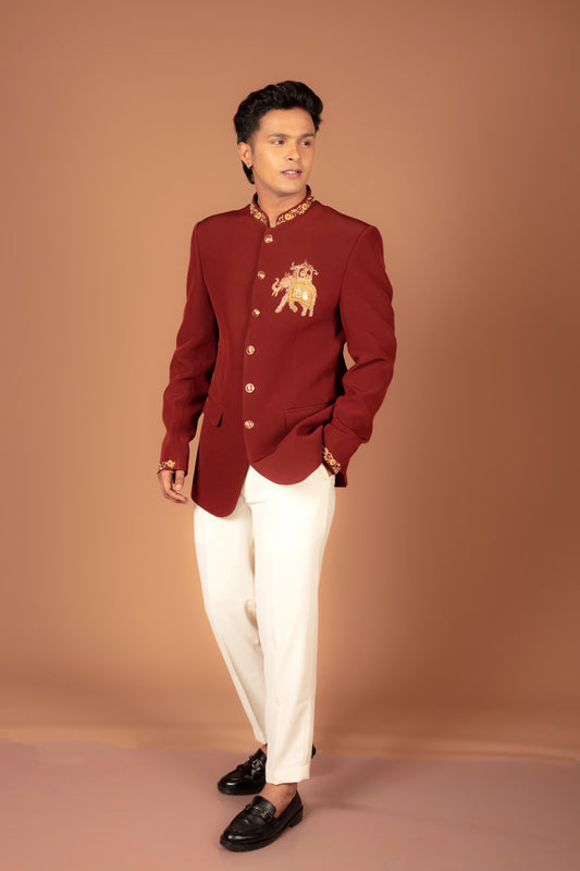 Men's Maroon Embroidered Nehru neck Blazer