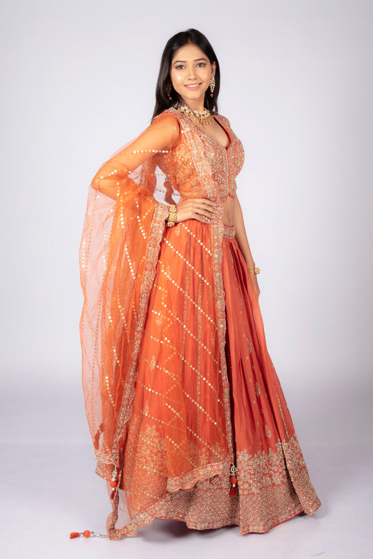 Product Title: Elegant Orange Embroidered Lehenga Choli Set