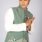 Men's Sage Green Embroidered Nehru Jacket with White Kurta Set
