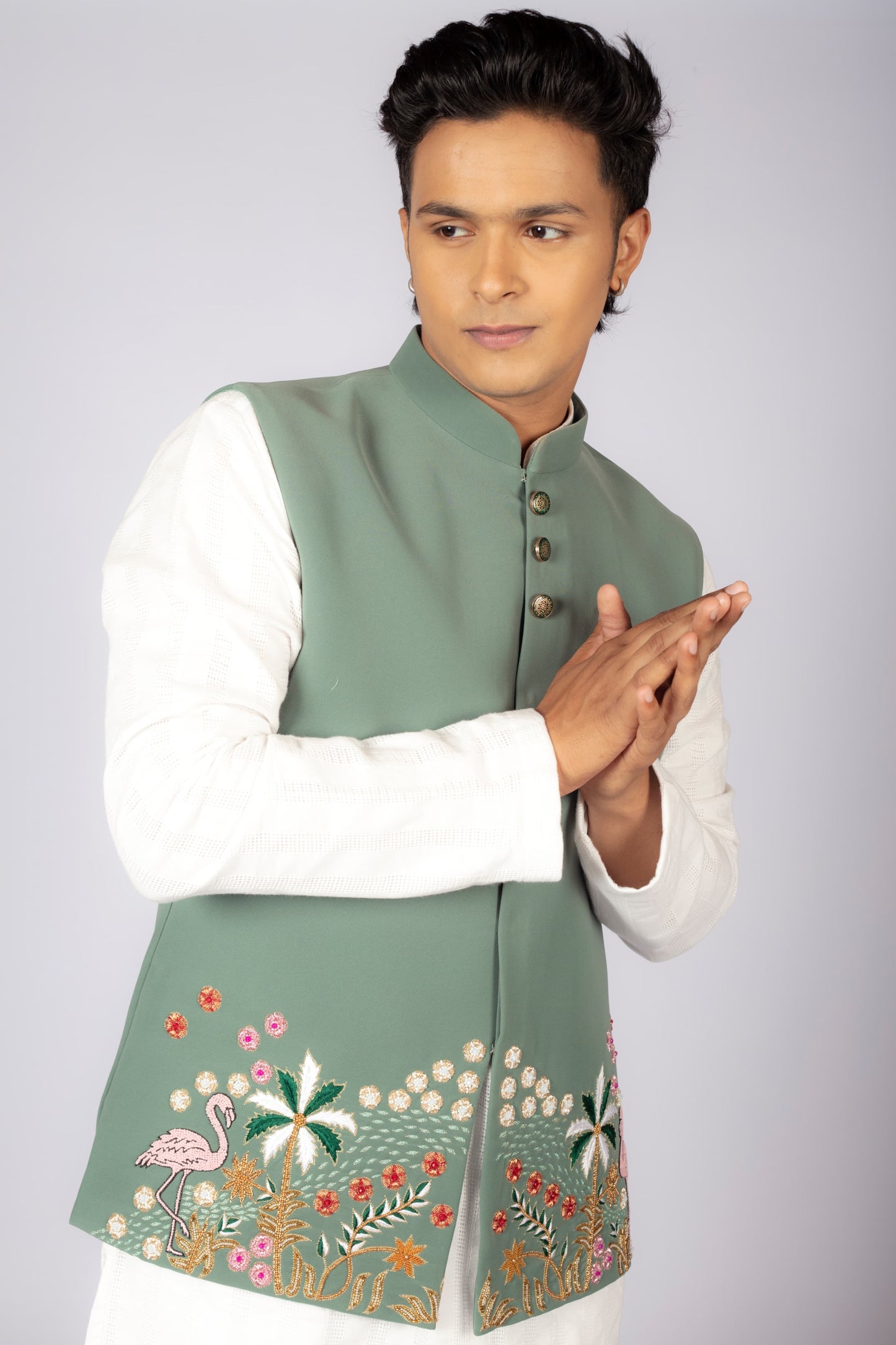 Men's Sage Green Embroidered Nehru Jacket with White Kurta Set