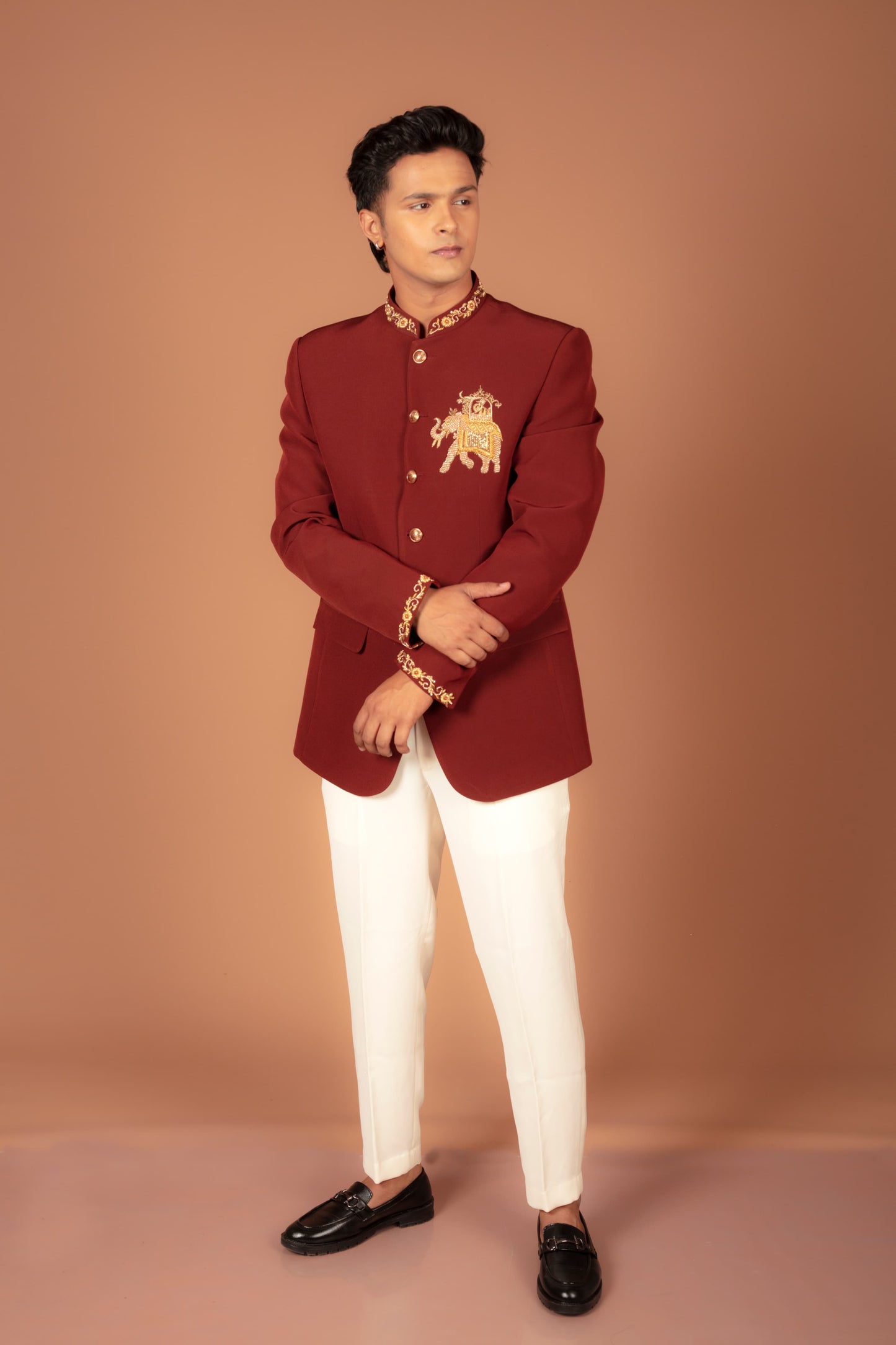 Men's Maroon Embroidered Nehru neck Blazer