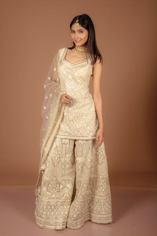 Ivory Embroidered Sharara Set with Dupatta