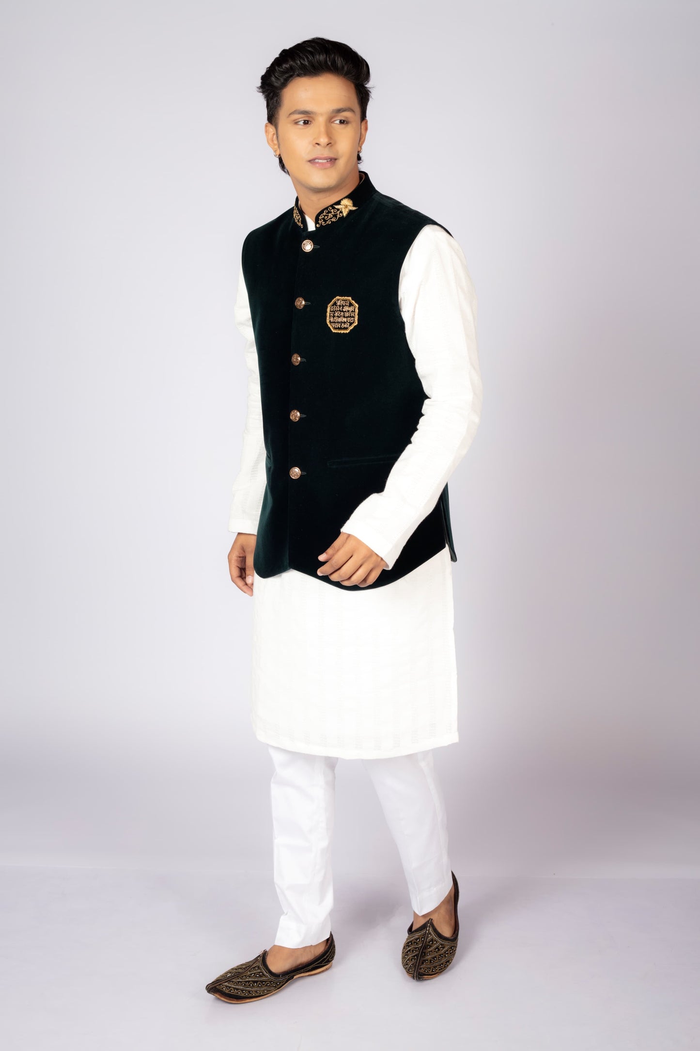 Men's Traditional White Kurta Pajama Set with Black Velvet Nehru Jacket