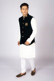 Men's Traditional White Kurta Pajama Set with Black Velvet Nehru Jacket