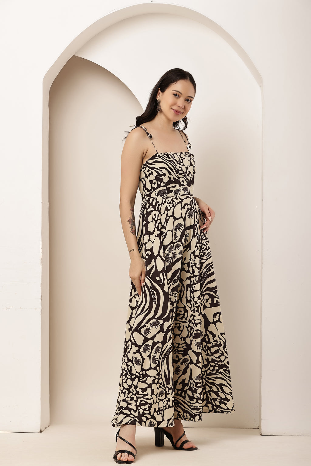 Tiger Eye Tie-Up Umbrella Cut Maxi Dress