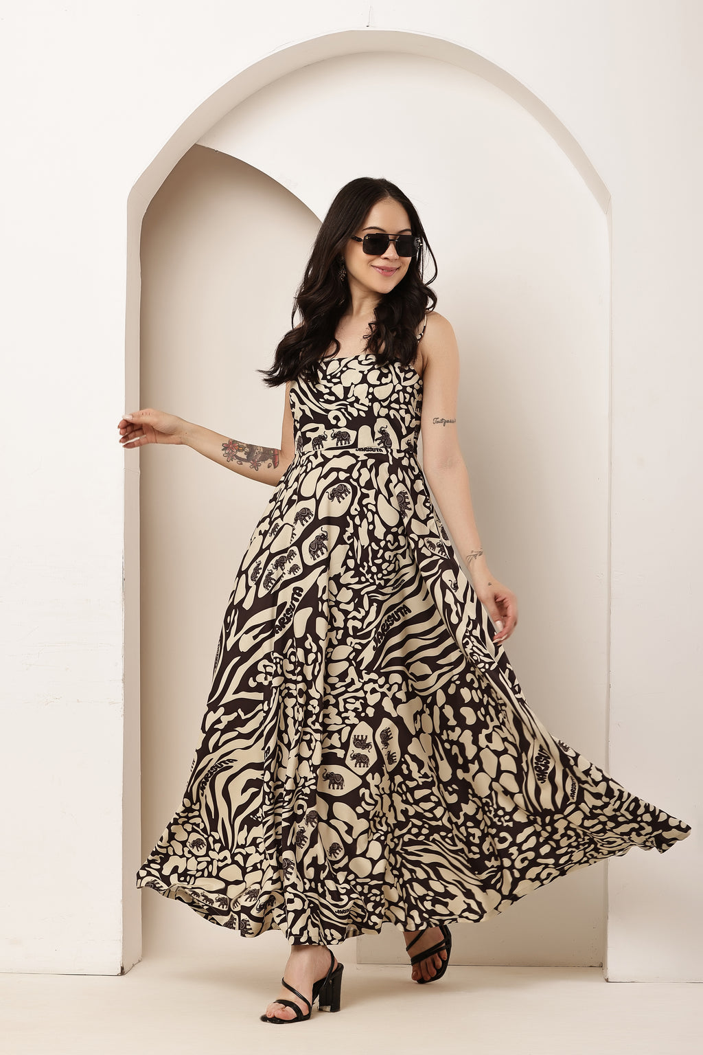 Tiger Eye Tie-Up Umbrella Cut Maxi Dress