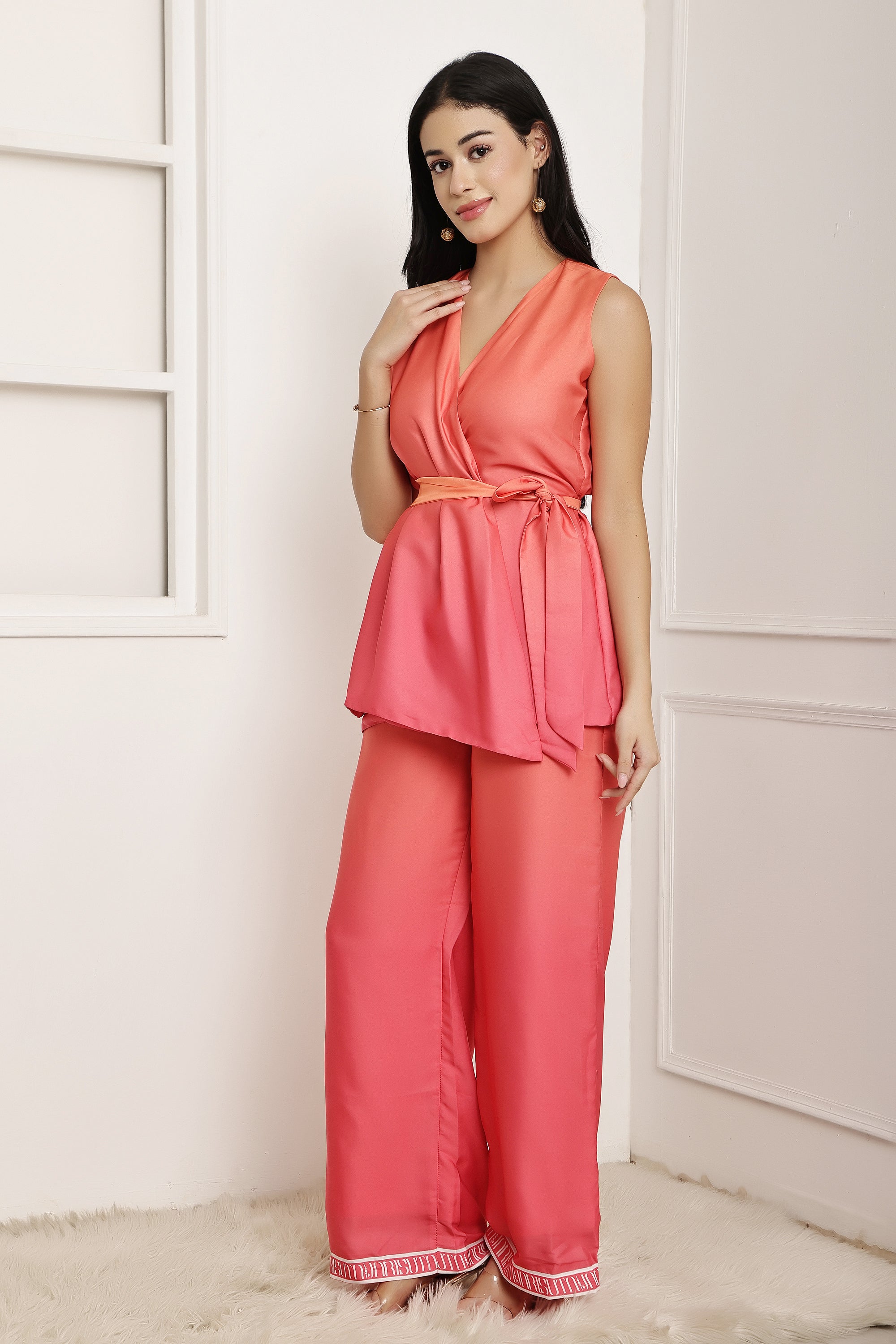 Coral Tide Ombre Wrap Top & Pant Set