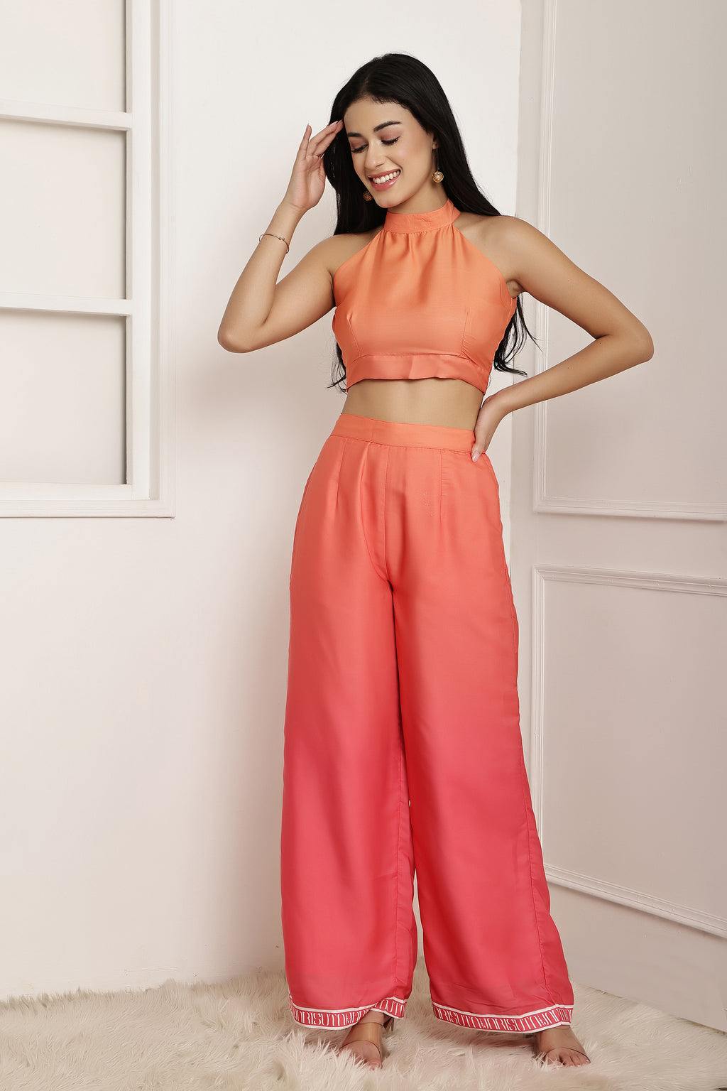 Coral Aura Ombre Halter Top & Pant Set