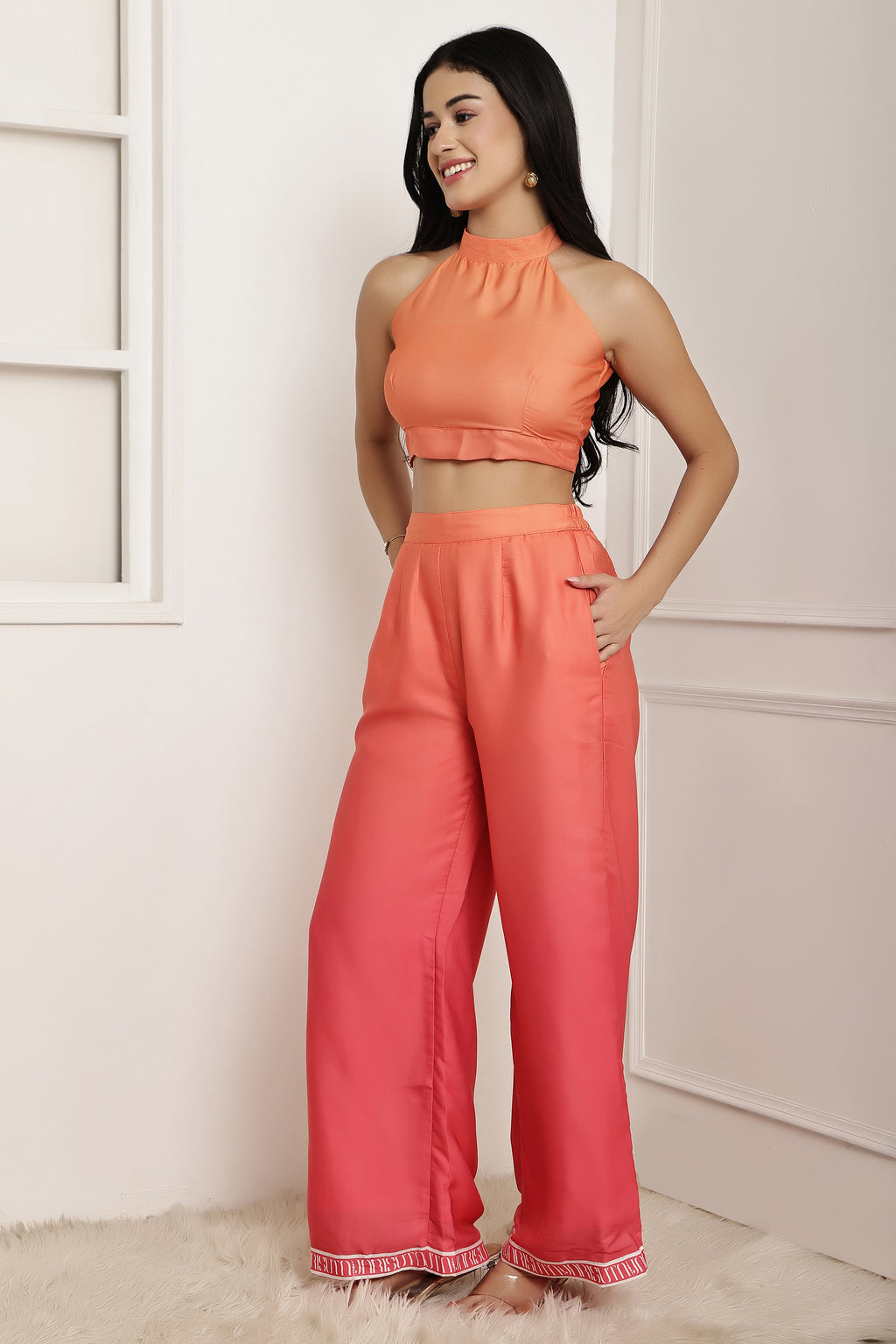 Coral Aura Ombre Halter Top & Pant Set