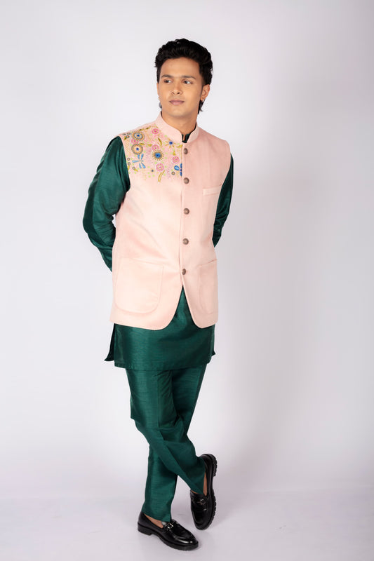 Men's Designer Embroidered Nehru Jacket – Emerald Green & Blush Pink