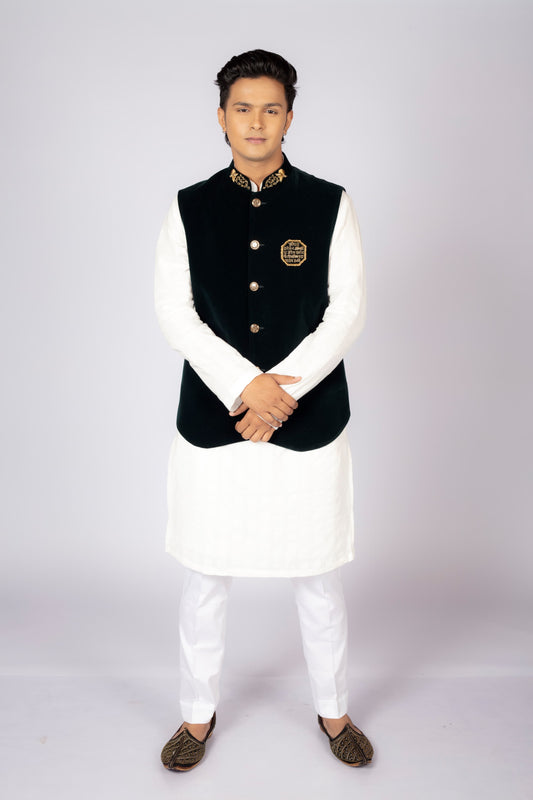 Men's Traditional White Kurta Pajama Set with Black Velvet Nehru Jacket