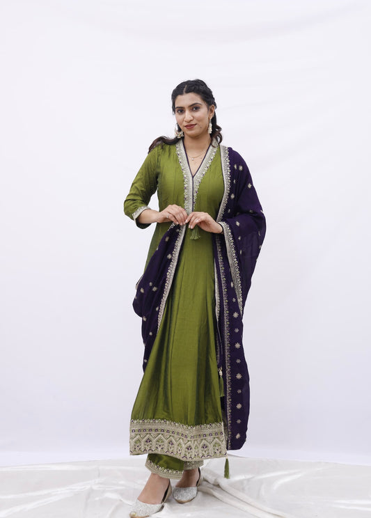 Olive Royal Anarkali Suit Set