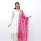 White Glam Mirror Work Anarkali Set with Pink Dupatta