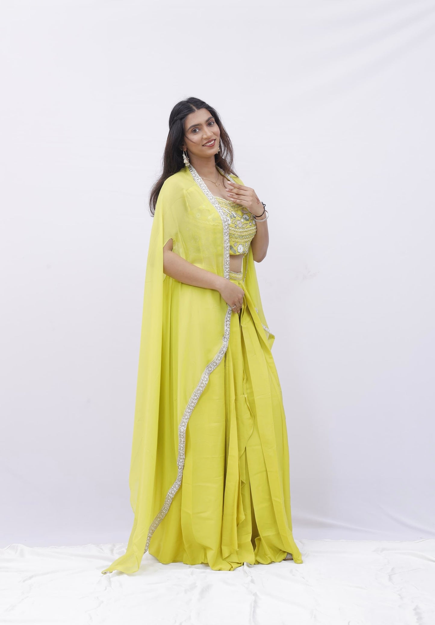 Lime Yellow Draped Set with Cape and Mirror Work