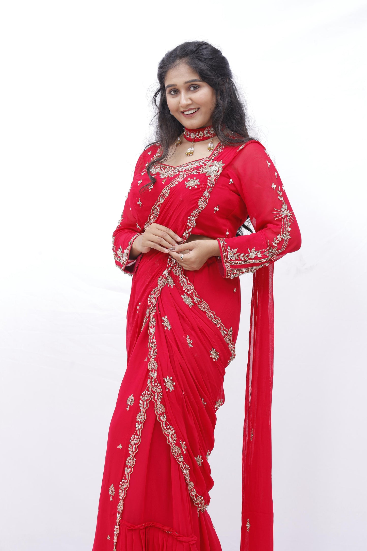 Embroidered Red Saree Set with Full Sleeve Blouse