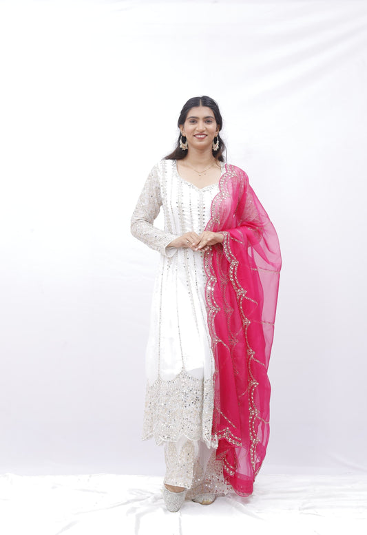 White Glam Mirror Work Anarkali Set with Pink Dupatta