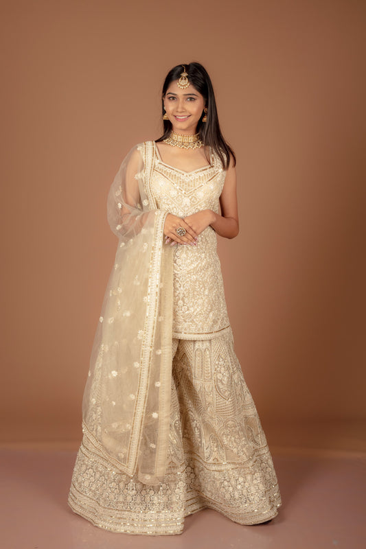 Ivory Embroidered Sharara Set with Dupatta