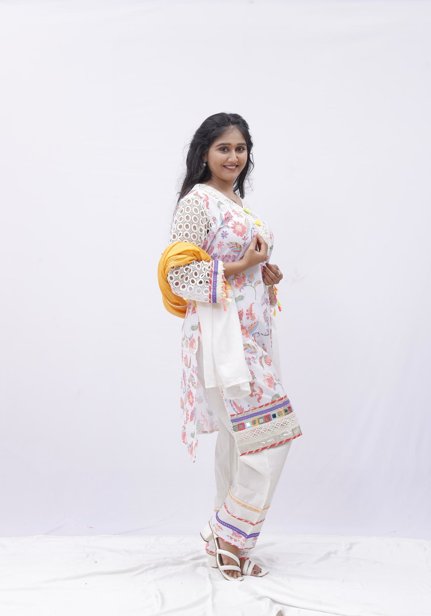 Pastel Floral Embroidered Kurta Set with Yellow-White Dupatta
