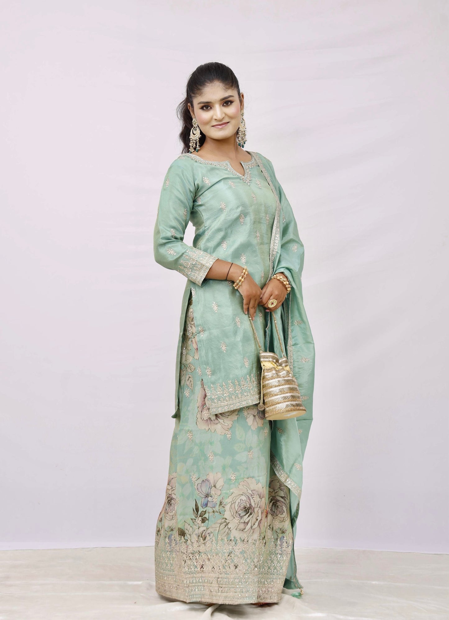 Mint Green Embroidered Silk Suit Set with Dupatta