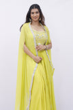 Lime Yellow Draped Set with Cape and Mirror Work