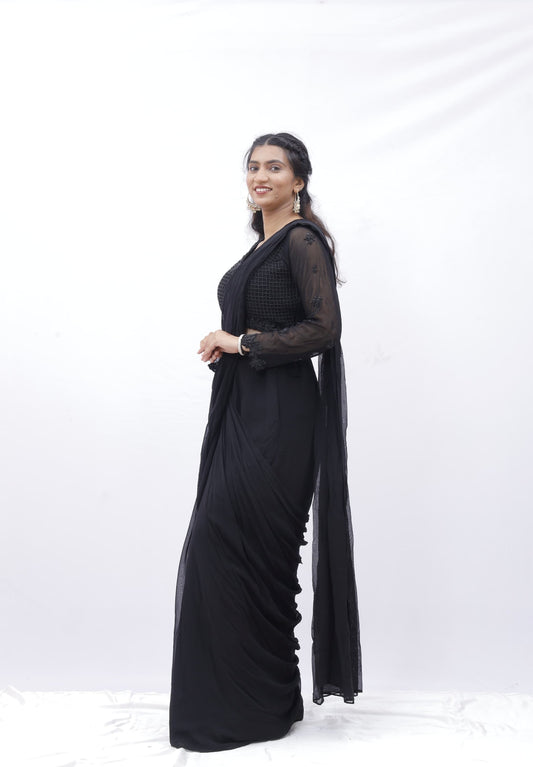 Timeless Black Pre-Draped Saree with Embellished Blouse