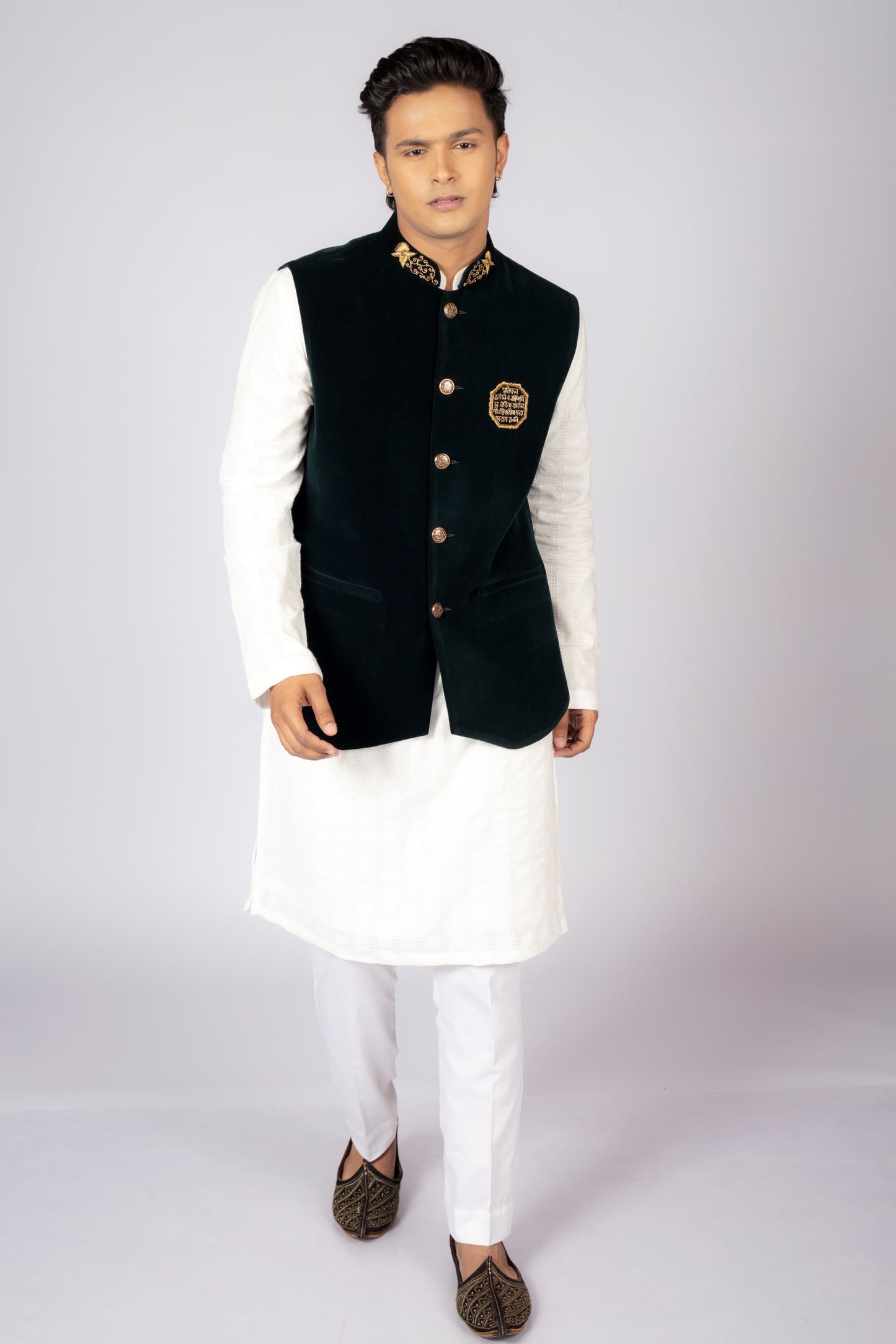 Men's Traditional White Kurta Pajama Set with Black Velvet Nehru Jacket