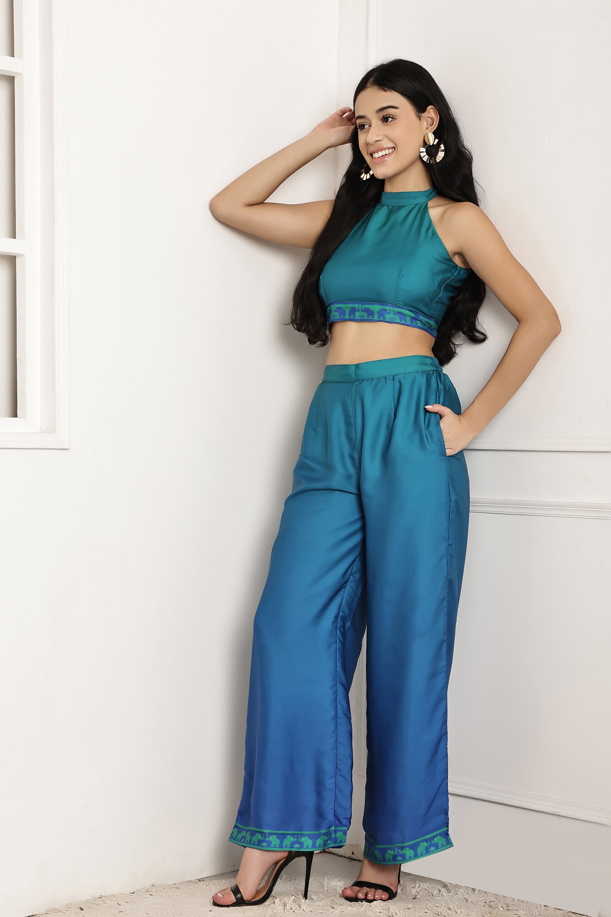 Azure Wave Ombre Halter Top & Pant Set