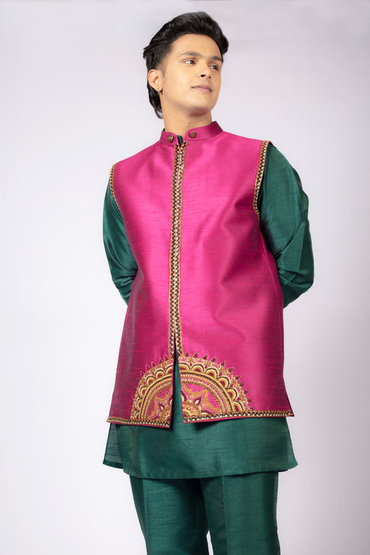 Men’s Festive Green Kurta Set with Embroidered Pink Nehru Jacket