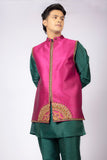Men’s Festive Green Kurta Set with Embroidered Pink Nehru Jacket
