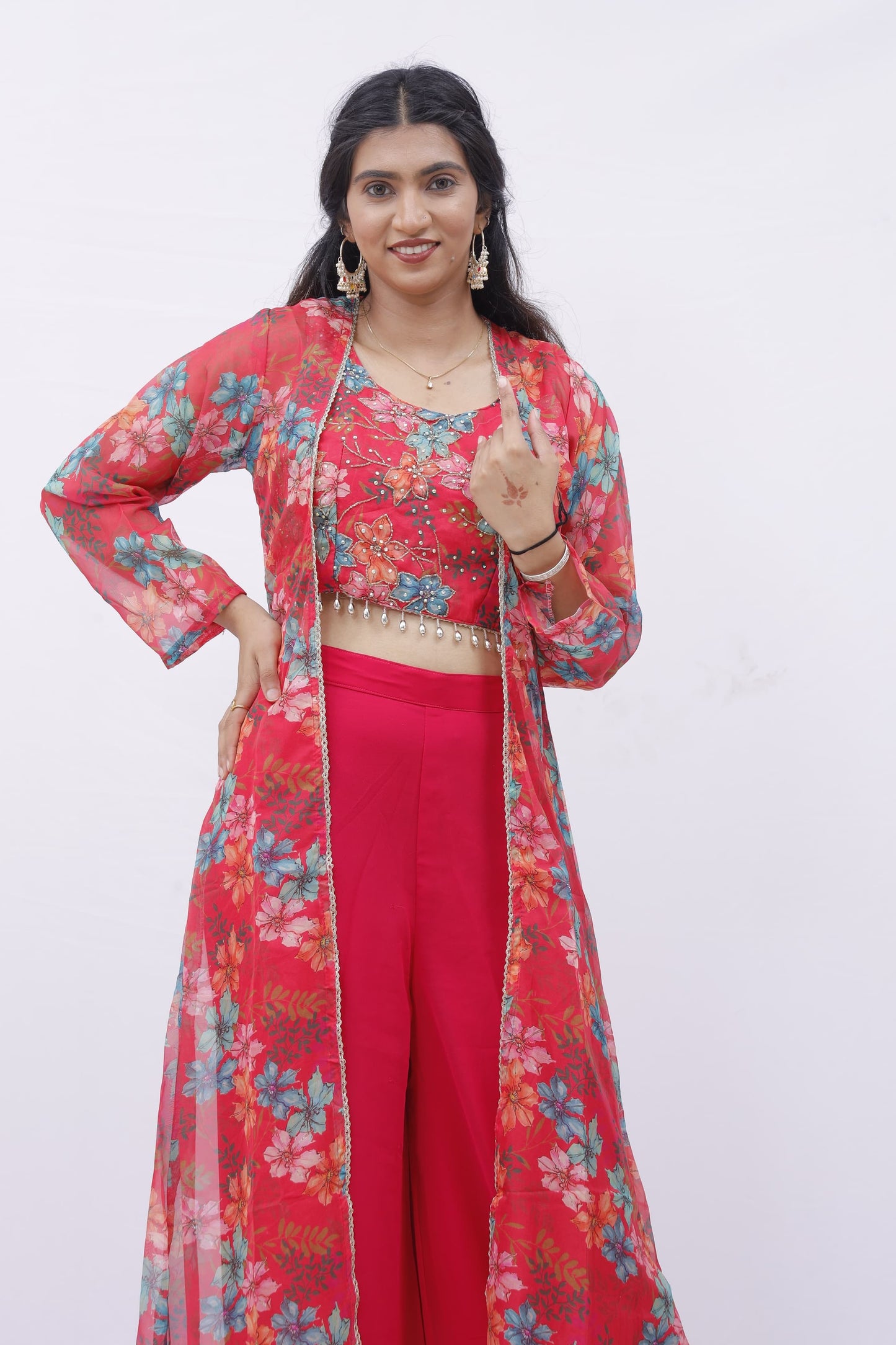 Floral Red Indo-Western Sharara Set with Jacket