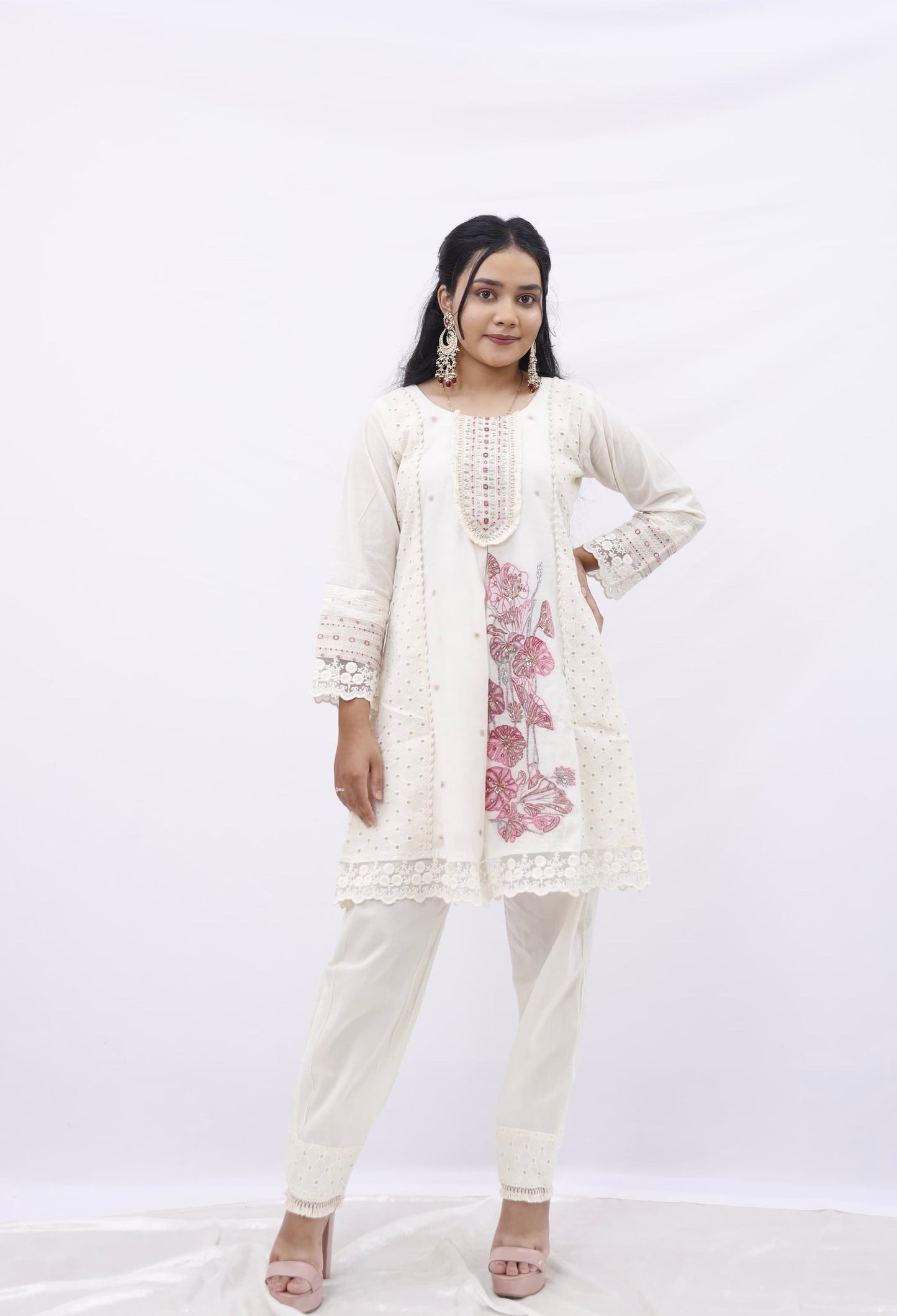Pearl-White Floral Embroidered Kurta Set