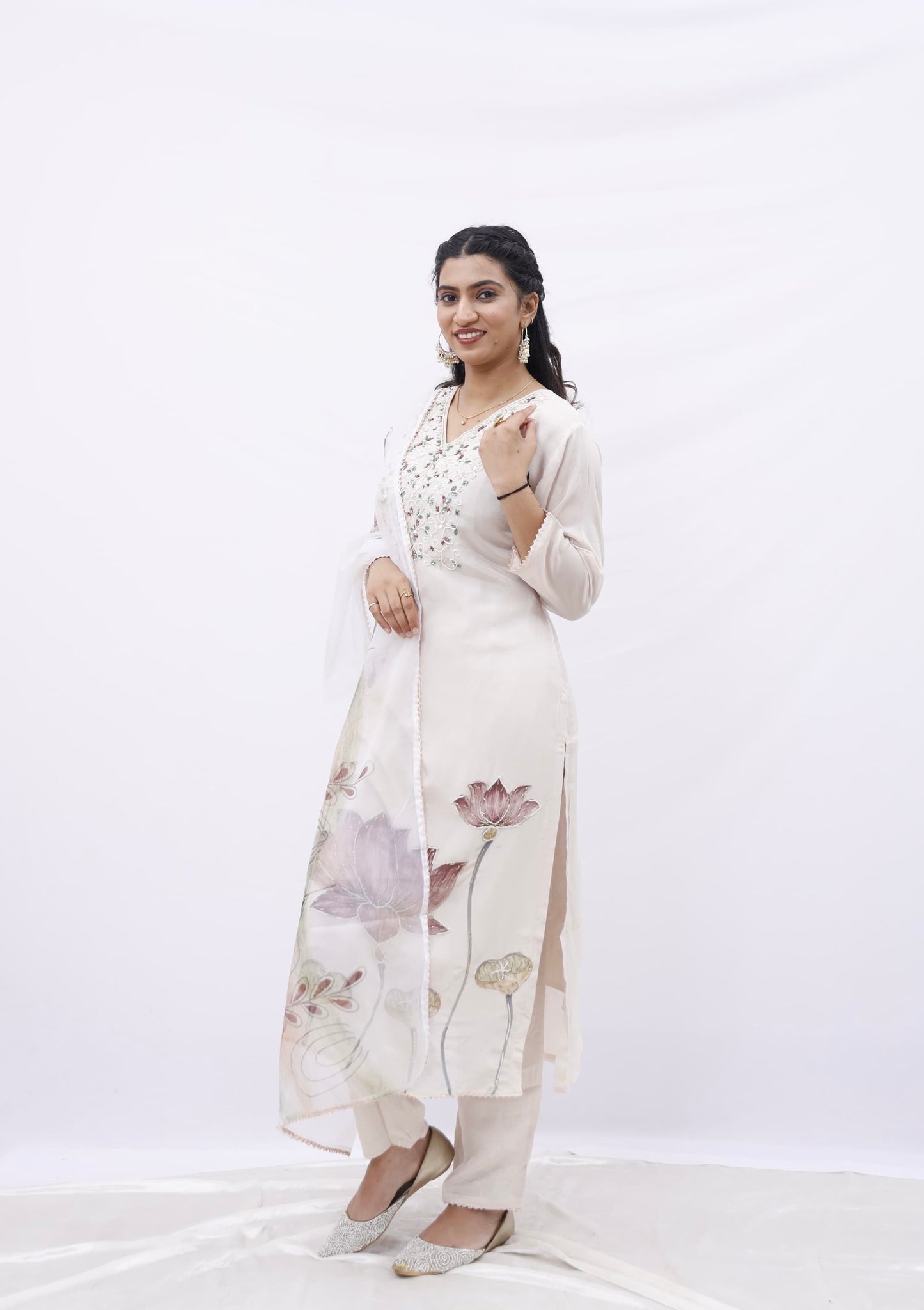 Elegant Hand-Painted Lotus Kurta Set