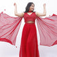 Red Divider Skirt Set with Embellished Blouse & Cape Sleeves