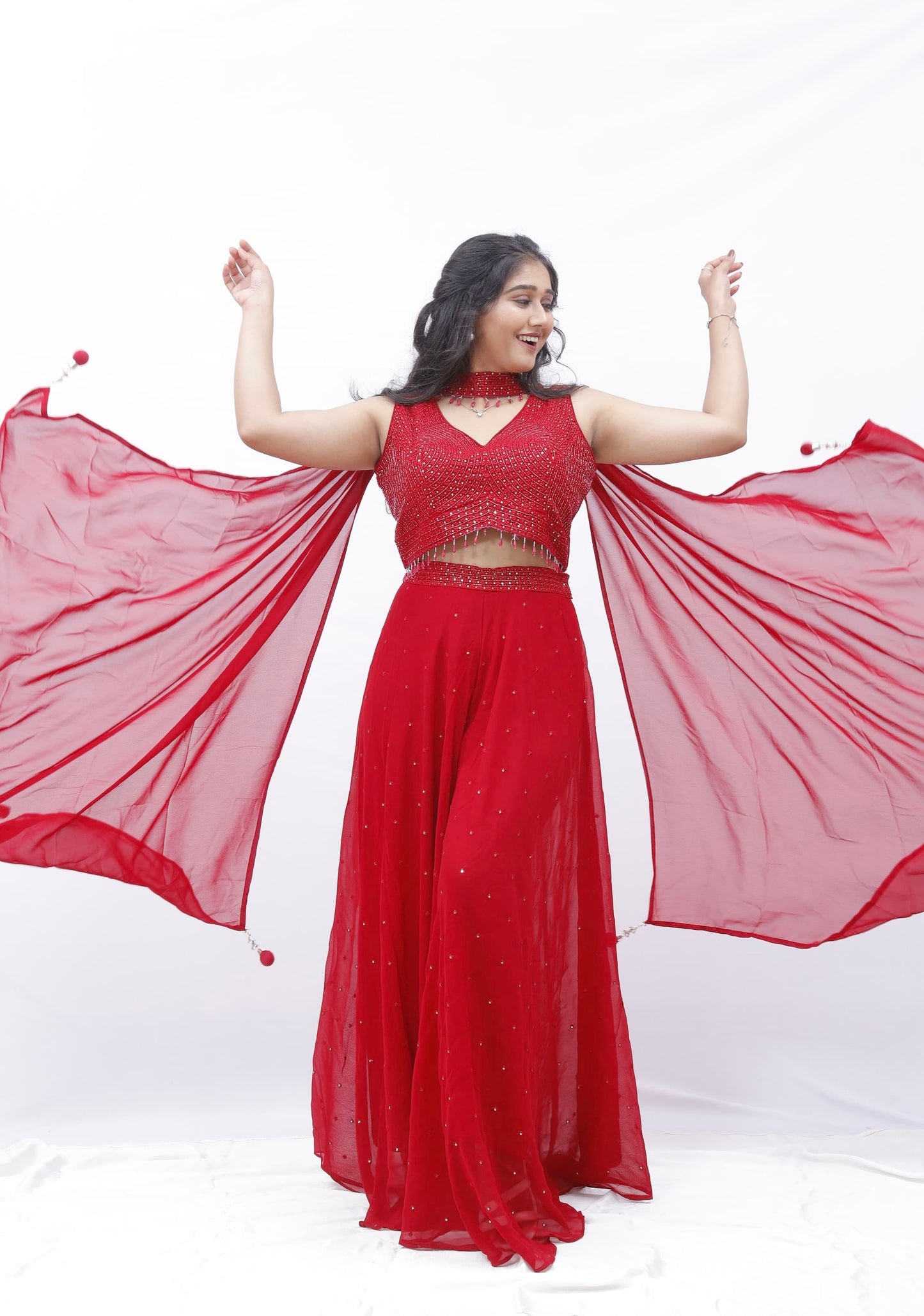 Red Divider Skirt Set with Embellished Blouse & Cape Sleeves