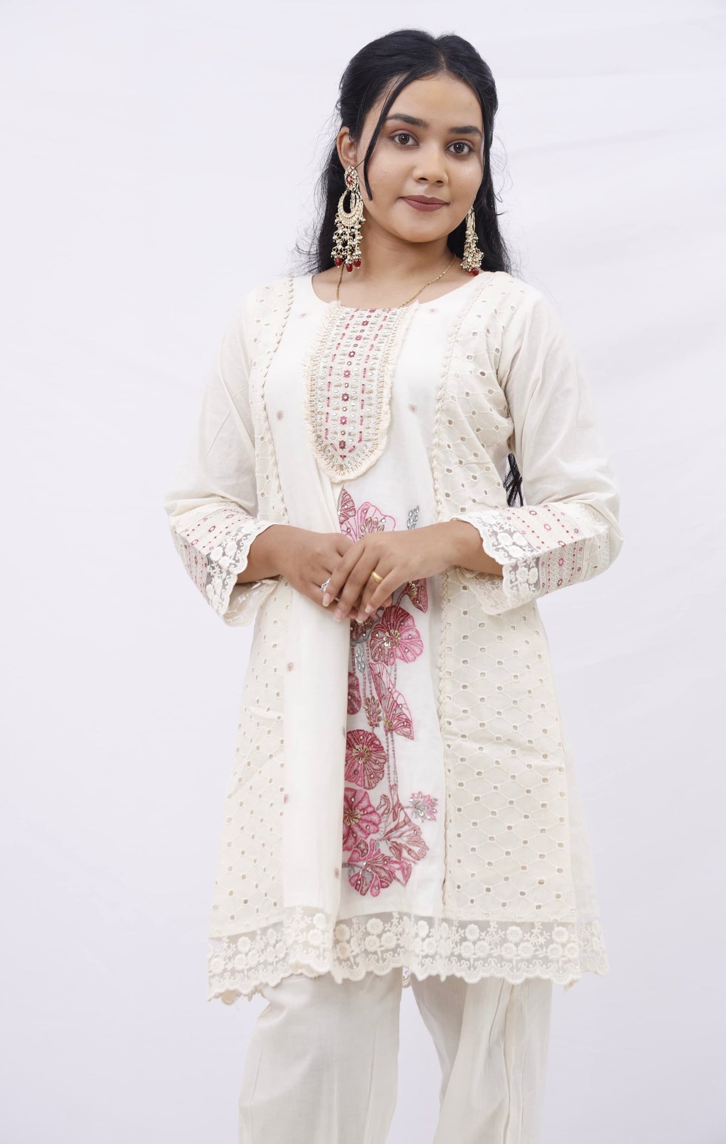 Pearl-White Floral Embroidered Kurta Set