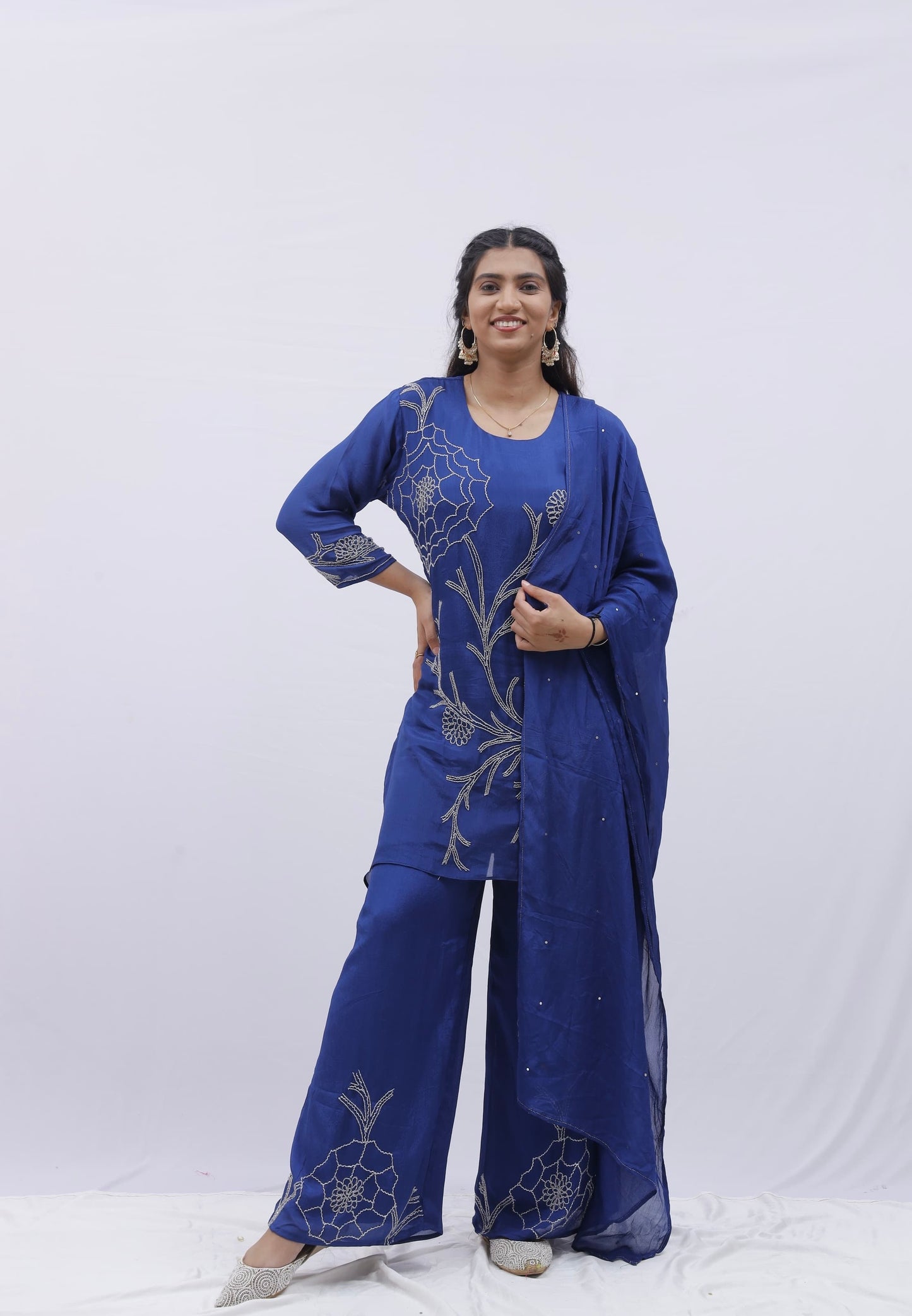 Royal Blue Embroidered Co-Ord Set with Dupatta