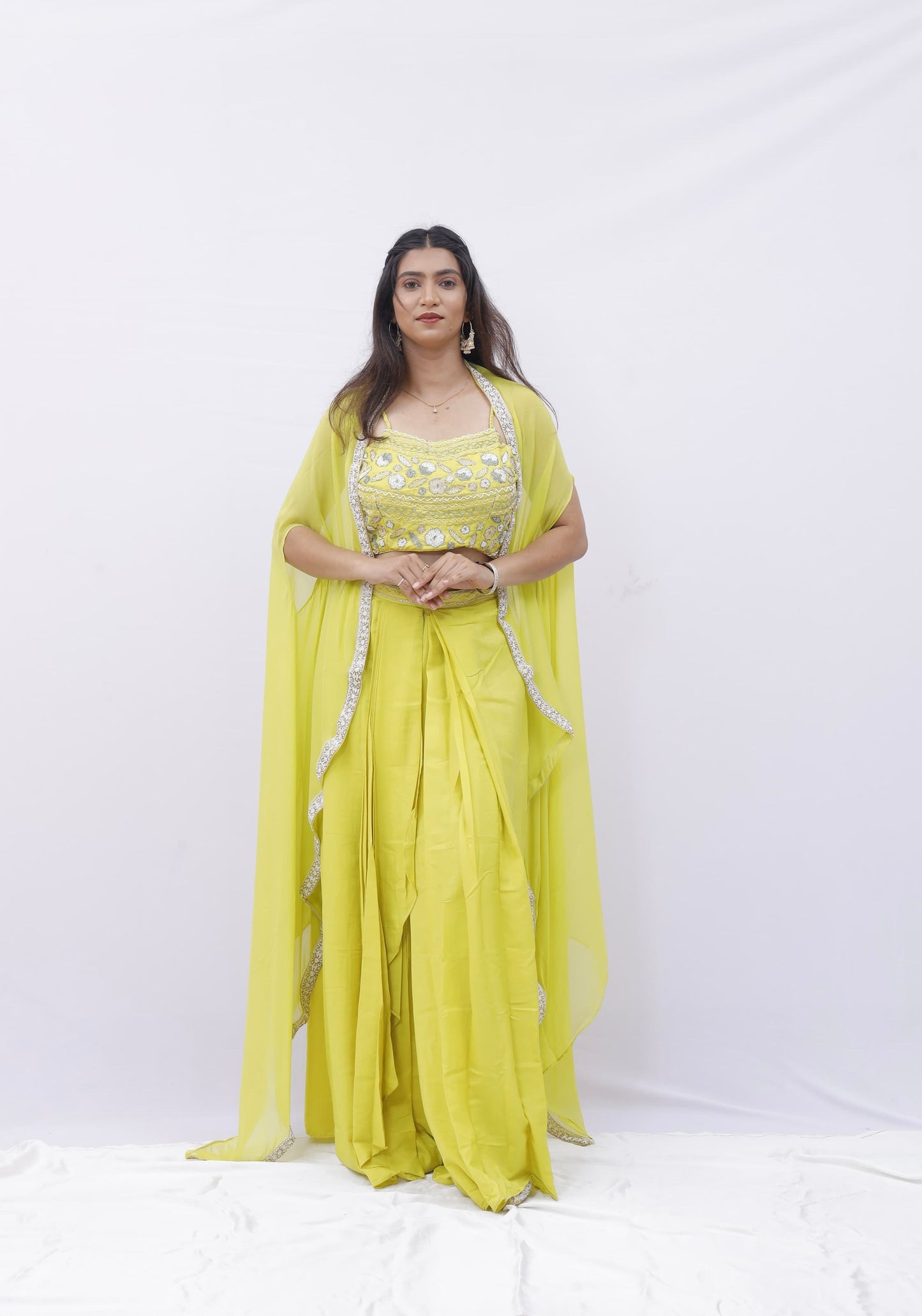 Lime Yellow Draped Set with Cape and Mirror Work