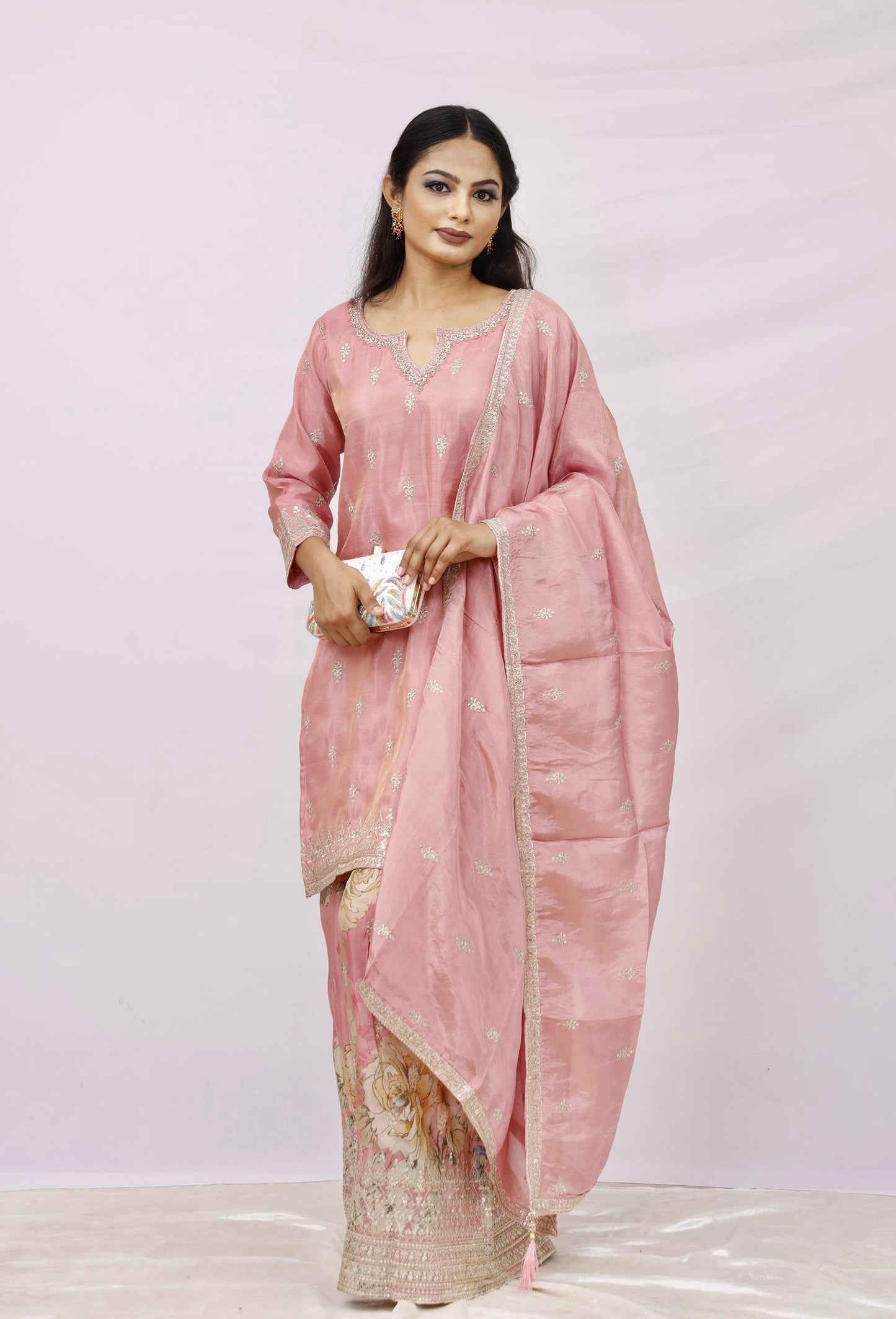 Blush Pink Embroidered Kurta Set with Floral Sharara