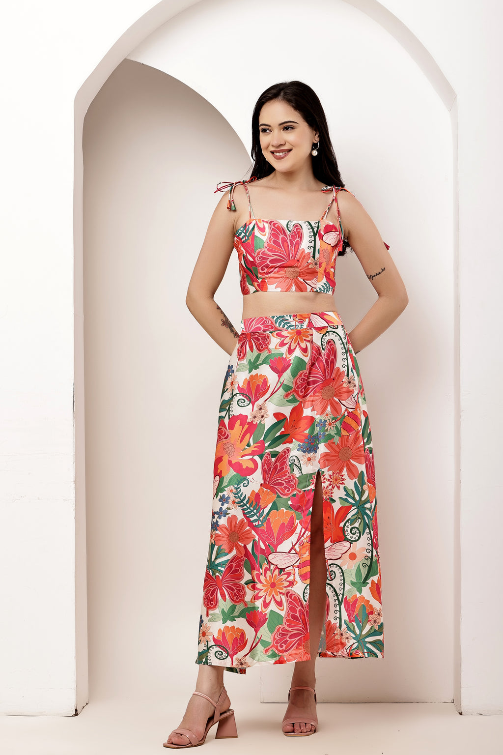 Paradise Garden Bow Tie-Up Top & Slit Maxi Skirt Co-ord Set