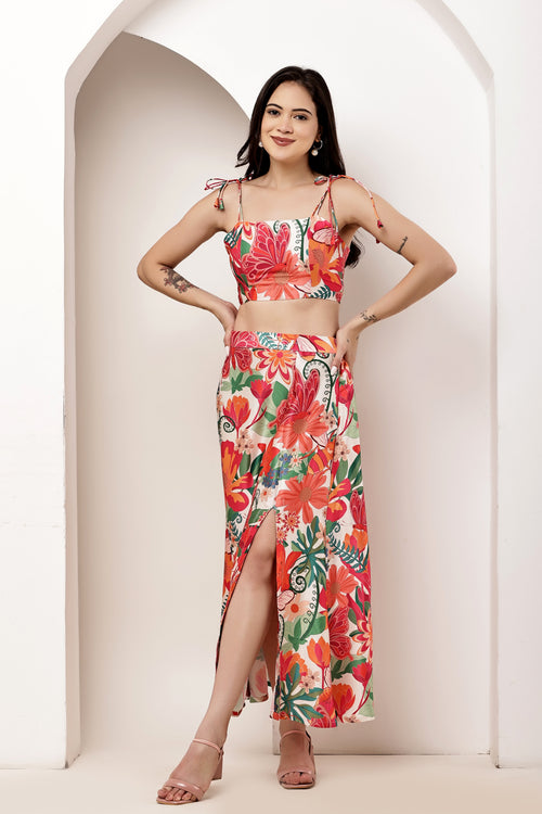 Paradise Garden Bow Tie-Up Top & Slit Maxi Skirt Co-ord Set