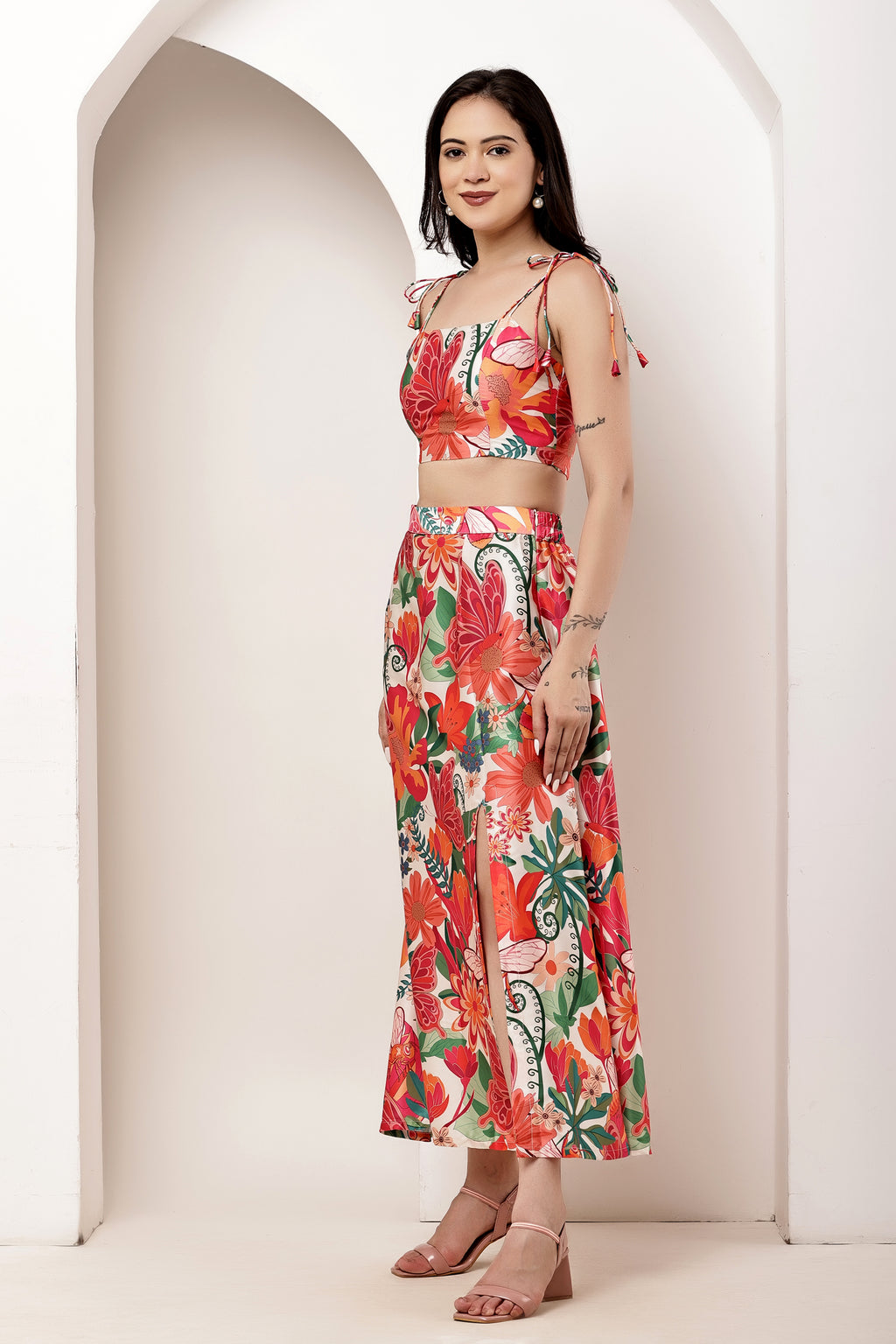 Paradise Garden Bow Tie-Up Top & Slit Maxi Skirt Co-ord Set