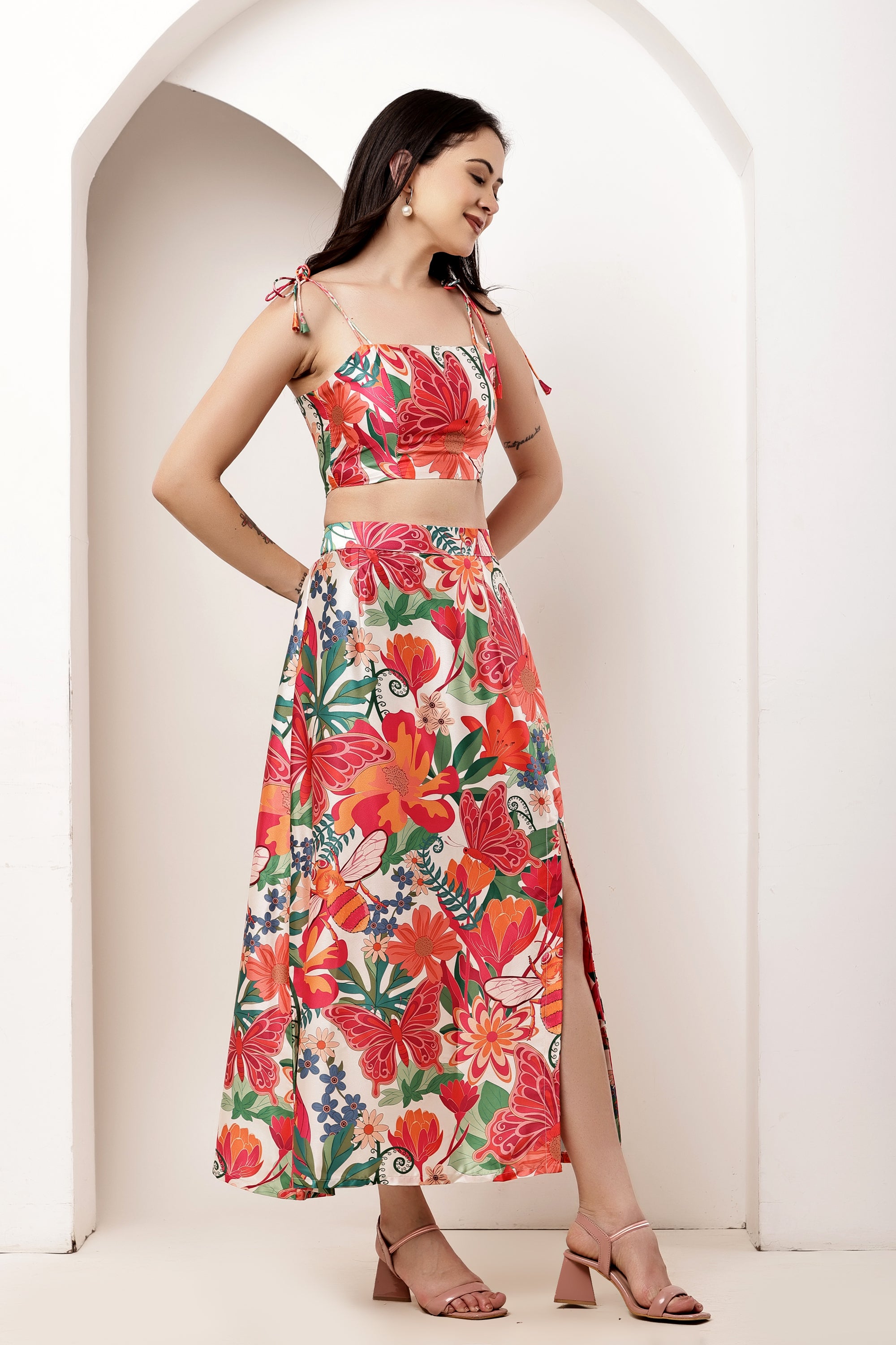 Paradise Garden Bow Tie-Up Top & Slit Maxi Skirt Co-ord Set