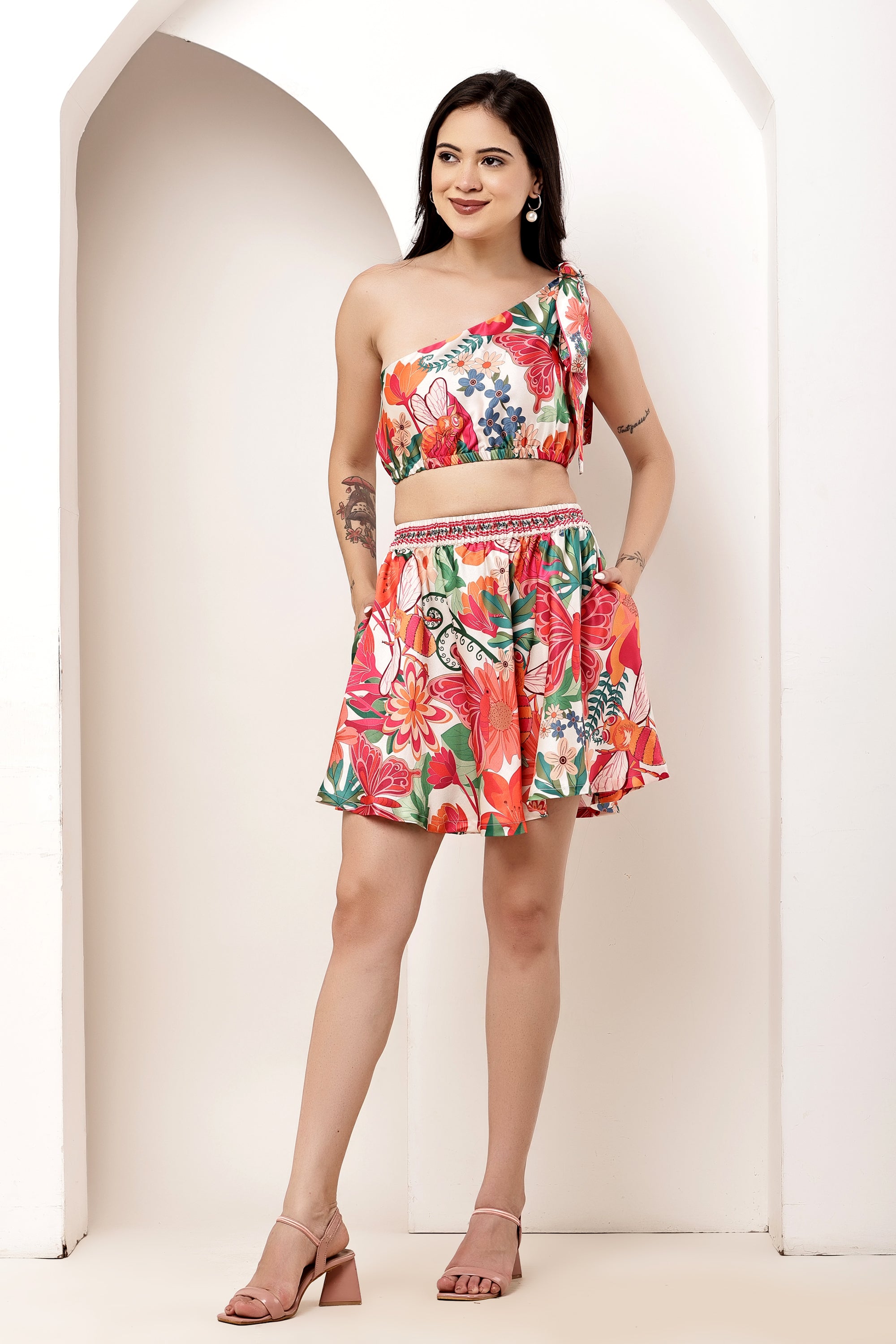 Garden Muse Asymmetrical Tie-Up Top & Mini Skirt Co-ord Set