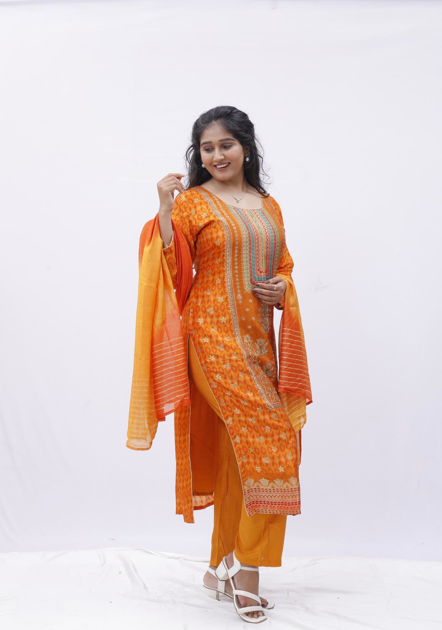 Bright Orange Printed Kurta Set with Embroidered Detailing and Dupatta