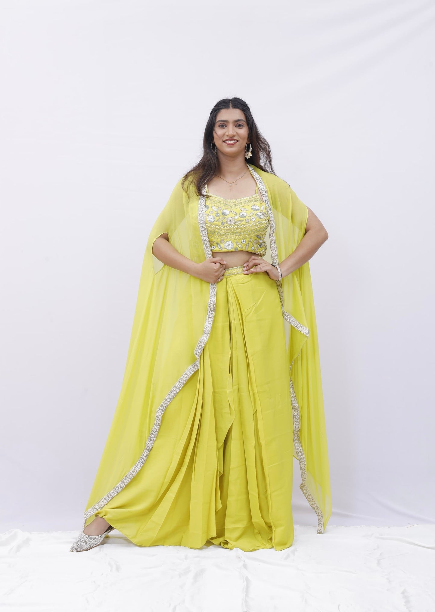 Lime Yellow Draped Set with Cape and Mirror Work