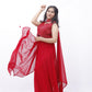 Red Divider Skirt Set with Embellished Blouse & Cape Sleeves