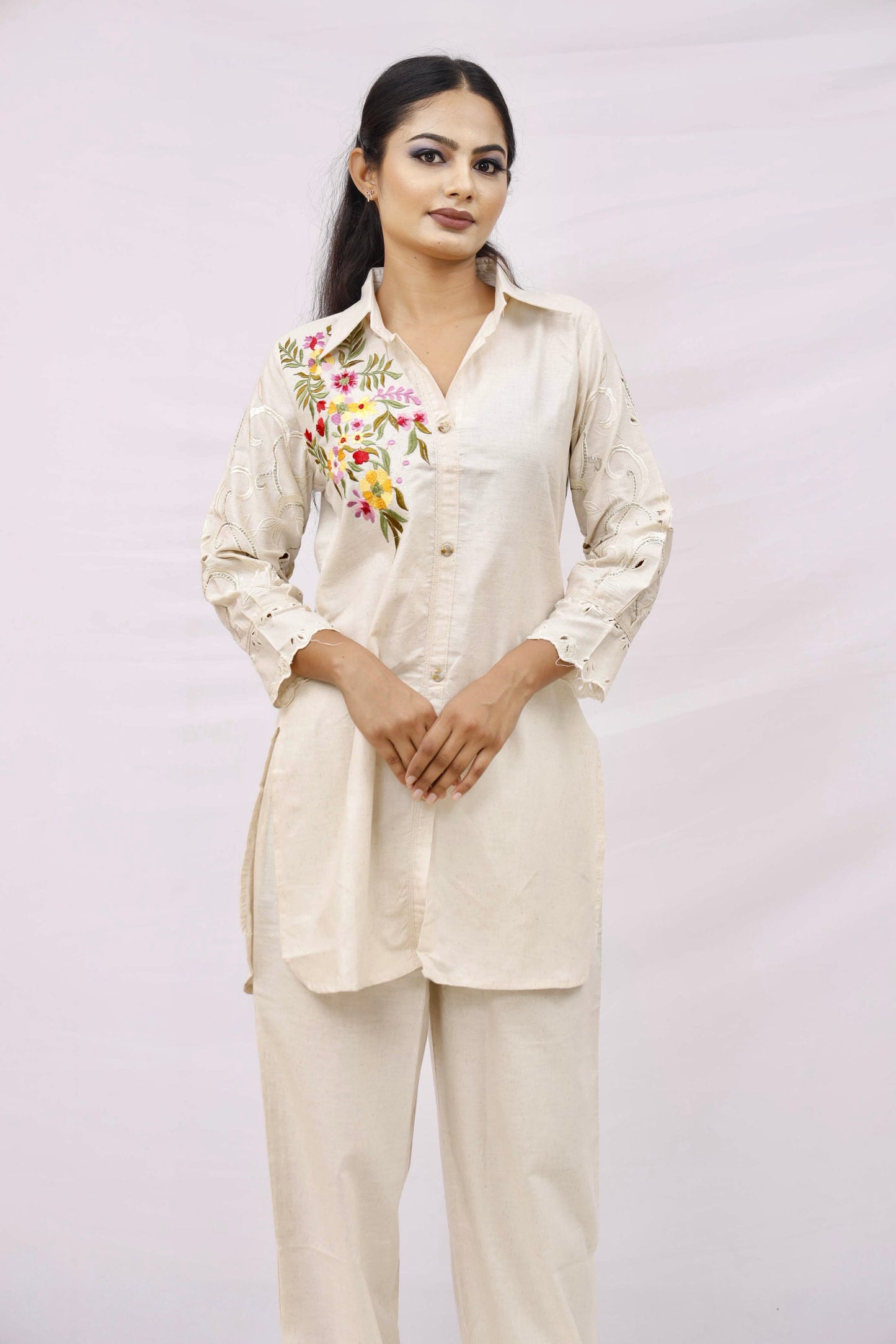 light beige kurta and matching straight pants